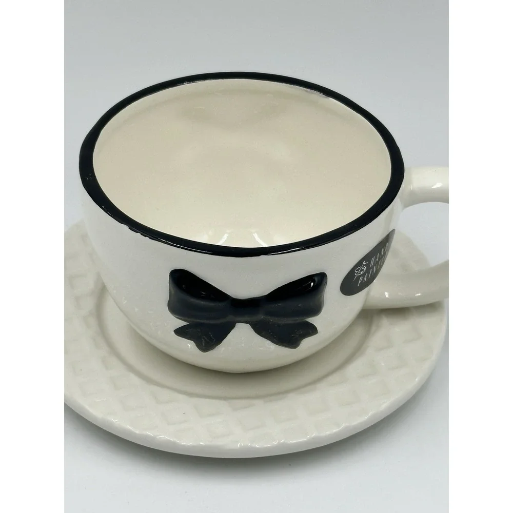 Parisian Black Bow Cup & Saucer Set Hand Painted Ceramic Valentine Gift